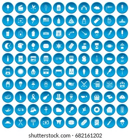 100 street food icons set in blue circle isolated on white vector illustration