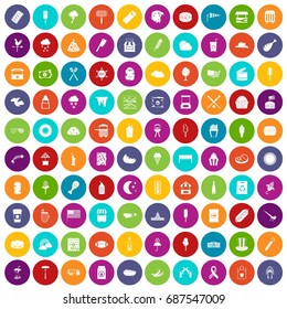 100 street food icons set in different colors circle isolated vector illustration