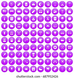 100 street food icons set in purple circle isolated on white vector illustration