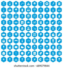 100 street food icons set in blue hexagon isolated vector illustration