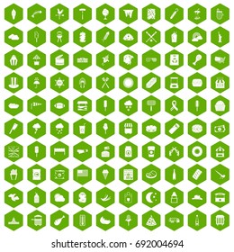 100 street food icons set in green hexagon isolated vector illustration