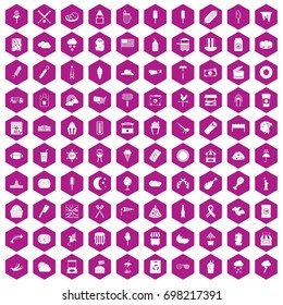100 street food icons set in violet hexagon isolated vector illustration