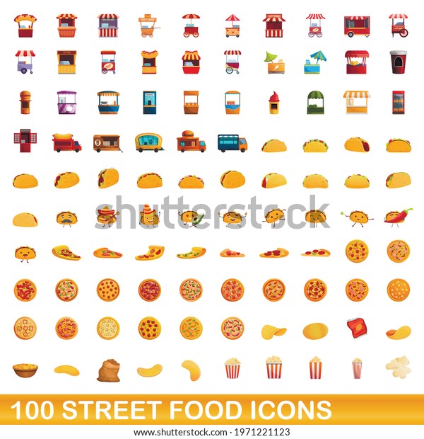 100 street\
food icons set. Cartoon illustration of 100 street food icons\
vector set isolated on white\
background