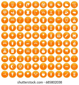 100 street lighting icons set in orange circle isolated on white vector illustration
