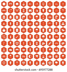 100 street lighting icons set in orange hexagon isolated vector illustration