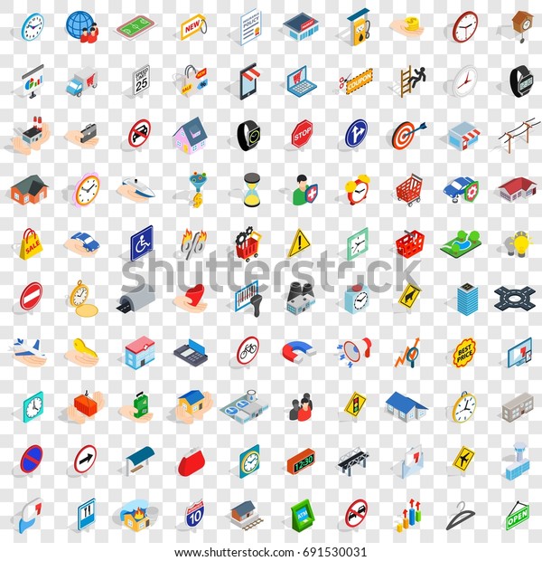 100 stress megapolis icons set in\
isometric 3d style for any design vector\
illustration