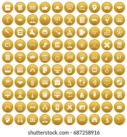 100 student icons set in gold circle isolated on white vectr illustration