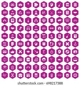 100 student icons set in violet hexagon isolated vector illustration