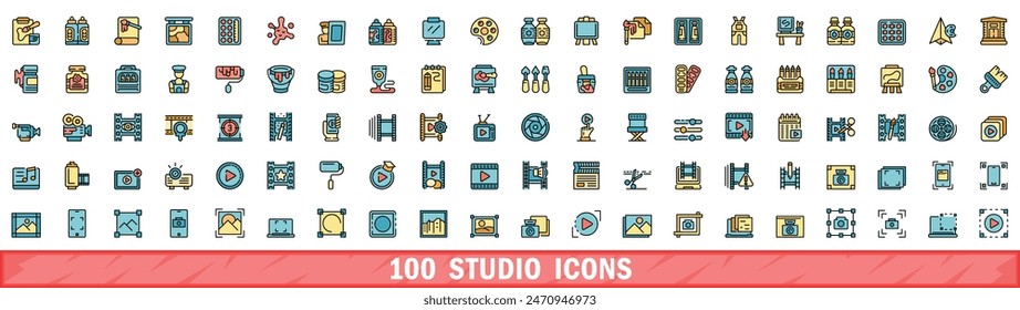 100 iconos de estudio. Conjunto de línea de color de iconos vectoriales de estudio línea fina de color plana en blanco