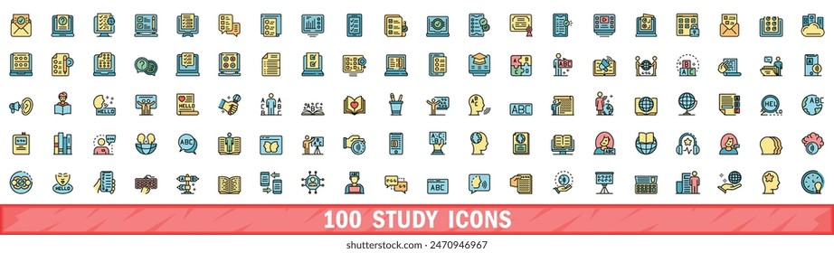 100 iconos de estudio. Línea de color conjunto de iconos de vector de estudio línea fina de color plana en blanco