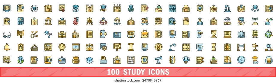 100 study icons set. Color line set of study vector icons thin line color flat on white