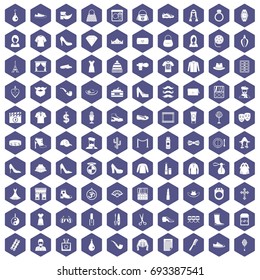 100 style and fashion icons set in purple hexagon isolated vector illustration