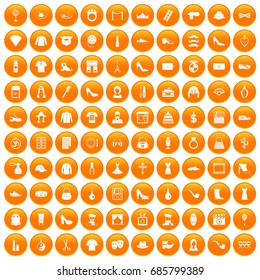 100 stylist icons set in orange circle isolated on white vector illustration