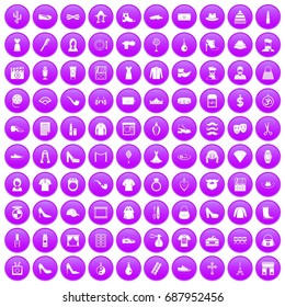 100 stylist icons set in purple circle isolated on white vector illustration