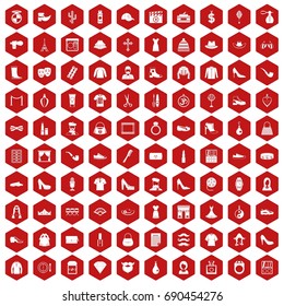 100 stylist icons set in red hexagon isolated vector illustration