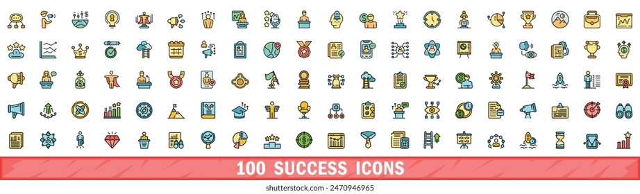 100 success icons set. Color line set of success vector icons thin line color flat on white