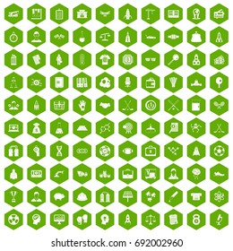 100 success icons set in green hexagon isolated vector illustration