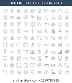 100 success icons. Trendy success icons white background. Included line icons such as dollar smiley, ribbon, lotto, circle intersection, vip. success icon for web and mobile.