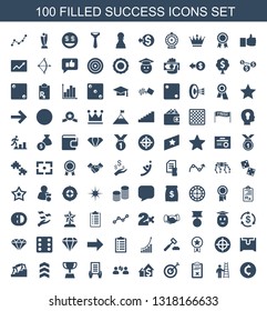 100 success icons. Trendy success icons white background. Included filled icons such as coin, man with ladder, clipboard, target, dolar growth. success icon for web and mobile.