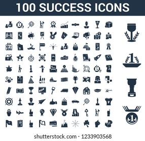 100 success universal icons set with Medal, Trophy, Box, Punch, Clover, Fireworks, Peak, Cheque