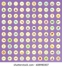 100 successful team icons set in cartoon style on purple background vector illustration