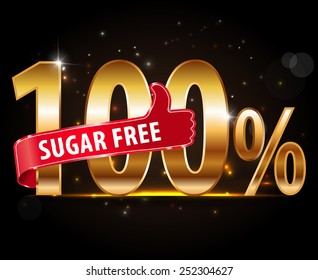100% sugar free text written in golden typography with thumbs up - vector eps10