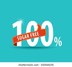 100% sugar free text written in flat colors typography with thumbs up - vector eps10