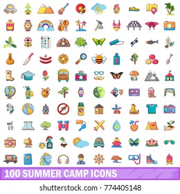 100 summer camp icons set. Cartoon illustration of 100 summer camp vector icons isolated on white background