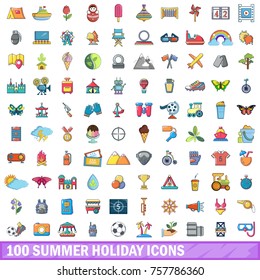 100 summer holiday icons set. Cartoon illustration of 100 summer holiday vector icons isolated on white background