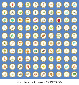 100 summer holidays icons circle set on blue background cartoon style vector illustration