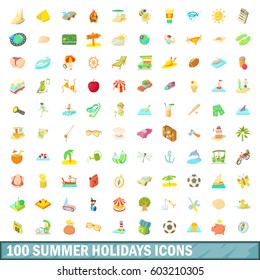 100 summer holidays icons set in cartoon style for any design vector illustration