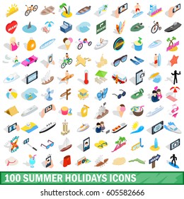 100 summer holidays icons set in isometric 3d style for any design vector illustration