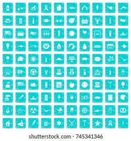 100 summer holidays icons set in grunge style blue color isolated on white background vector illustration