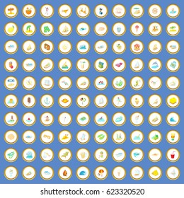100 summer icons circle set on blue background cartoon style vector illustration