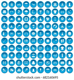 100 summer icons set in blue circle isolated on white vector illustration