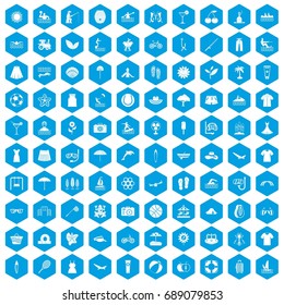 100 summer icons set in blue hexagon isolated vector illustration