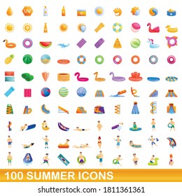 100 summer icons set. Cartoon illustration of 100 summer icons vector set isolated on white background