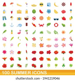 100 summer icons set. Cartoon illustration of 100 summer icons vector set isolated on white background