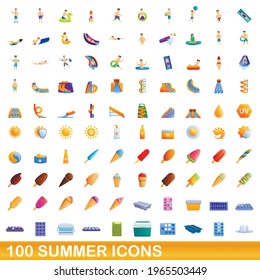 100 summer icons set. Cartoon illustration of 100 summer icons vector set isolated on white background