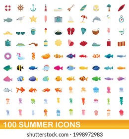 100 summer icons set. Cartoon illustration of 100 summer icons vector set isolated on white background