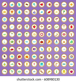 100 summer icons set in cartoon style on purple background vector illustration