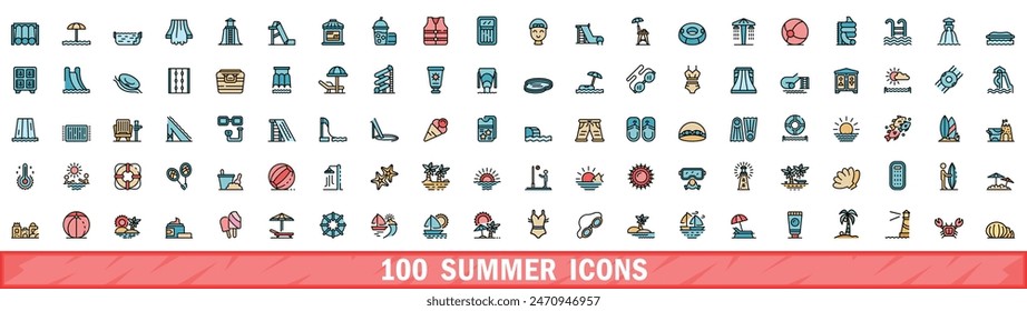 100 summer icons set. Color line set of summer vector icons thin line color flat on white