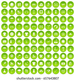 100 summer icons set green circle isolated on white background vector illustration