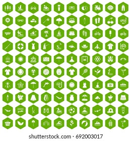 100 summer icons set in green hexagon isolated vector illustration