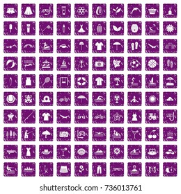 100 summer icons set in grunge style purple color isolated on white background vector illustration