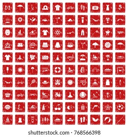 100 summer icons set in grunge style red color isolated on white background vector illustration