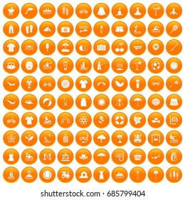 100 summer icons set in orange circle isolated on white vector illustration