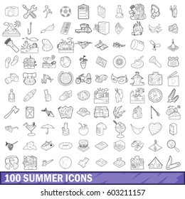 100 summer icons set in outline style for any design vector illustration