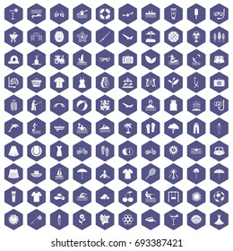 100 summer icons set in purple hexagon isolated vector illustration