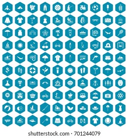 100 summer icons set in sapphirine hexagon isolated vector illustration